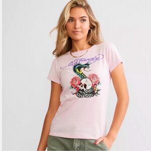 Ed Hardy Light Pink Rose Cobra Skull Graphic Tee Y2K